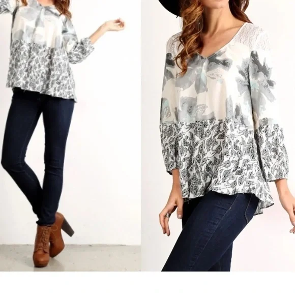 Mystree Gray Floral Top Womens Size Medium Lace Blouse Bohemian - Picture 7 of 7